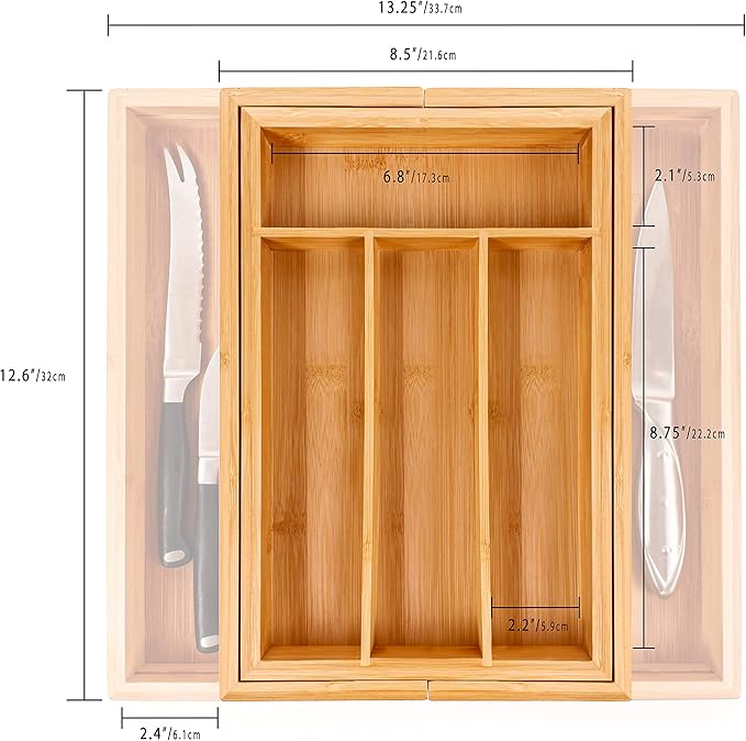 BergHOFF Bamboo 6-Slot Expanding Flatware Organizer Expandable Fits Most Kitchen Drawers