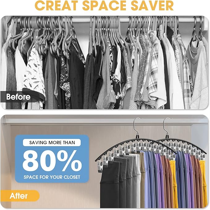 Upgrade Skirt Pants Hangers with Clips, Metal Legging Organizer for Closet with 15 Cilps Holds 60 Leggings/Shorts/Jeans/Skirts Pants Hangers Space Saving Closet Organizers and Storage, Black 4Pack
