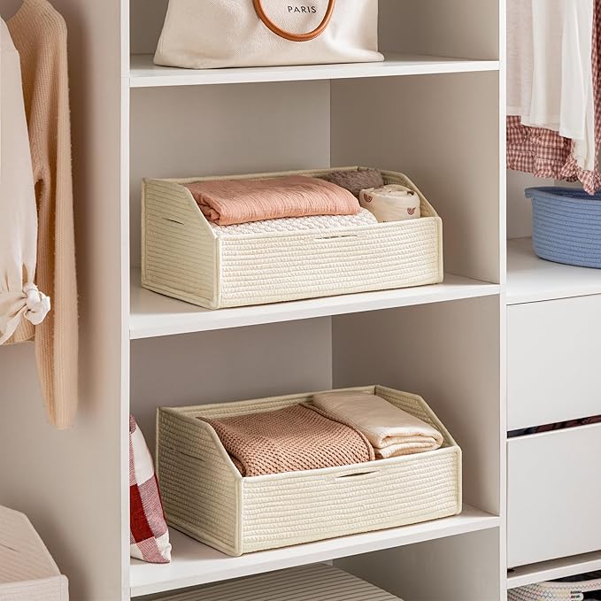 UBBCARE Closet Storage Bins 2 Pack, Cotton Rope Clothes Storage Bins & Sturdy Dog Toy Basket, 19" X 11" X 7" Shelf Baskets for Organizing, Beige