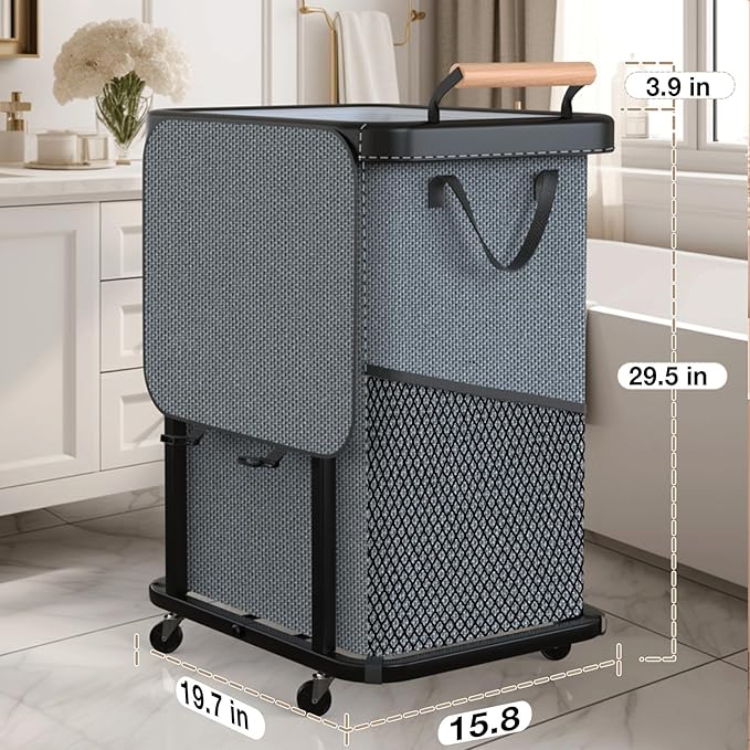 40 Gal (150L) Laundry Hamper with Lid, Leather Patchwork Laundry Basket with Rolling Lockable Wheels and Handle, Laundry Basket Organizer for Laundry Room, Bedroom and Bathroom,Laundry Room - Gray