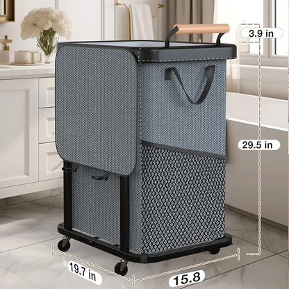 40 Gal (150L) Laundry Hamper with Lid, Leather Patchwork Laundry Basket with Rolling Lockable Wheels and Handle, Laundry Basket Organizer for Laundry Room, Bedroom and Bathroom,Laundry Room - Gray