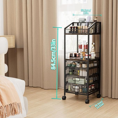 HapiRm Makeup Organizer Storage Cart - Floor Skincare Make Up Storage with 4 Drawers, Rolling Makeup Cart Vanity Organizer Cosmetics Display Cases Holder for Skin Care Perfume Nail Polish
