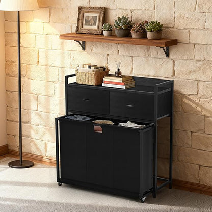 Sonharlar Laundry Hamper with 3 Section Rolling Bags, Laundry Sorter with Wheels, Laundry Basket with 2 Drawer for Laundry Room (Charcoal Black)