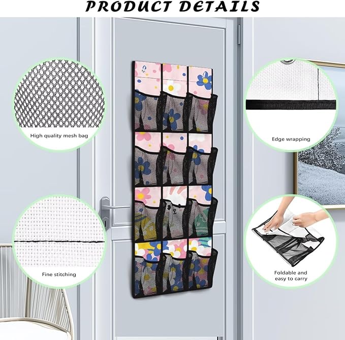 Over The Door Storage Organizer with 12 Mesh Pockets, Heavy Load Capacity, 2 Hooks Design, Door Hanging Organizer for Bathroom, Bedroom,Rabbit Flowers