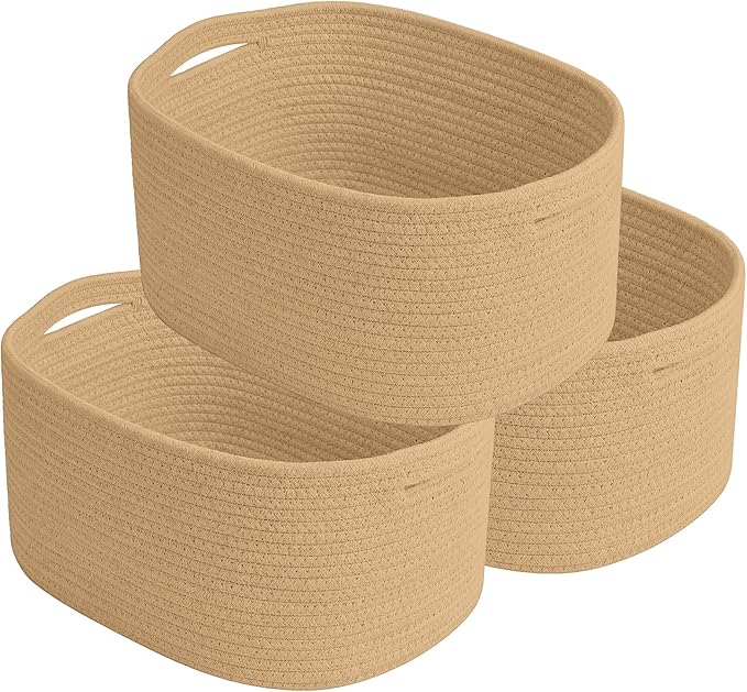 ECDYQXVU Cotton Rope Storage Basket, 15x10x9 Inches, Woven Basket for Shelves, Clothes, Towels, Books, and Laundry, Jute Brown (3 Pack)