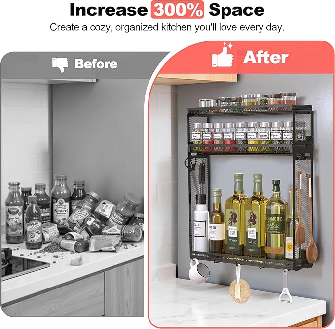 Docnest 3 Tier Magnetic Spice Rack for Refrigerator with 9 Hooks, Space-Saving Metal Spice Organizer, Condiment Storage Spice Shelf for Ferrous Metal Surfaces- Black