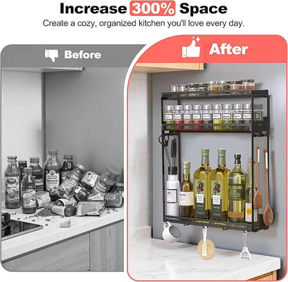 Docnest 3 Tier Magnetic Spice Rack for Refrigerator with 9 Hooks, Space-Saving Metal Spice Organizer, Condiment Storage Spice Shelf for Ferrous Metal Surfaces- Black
