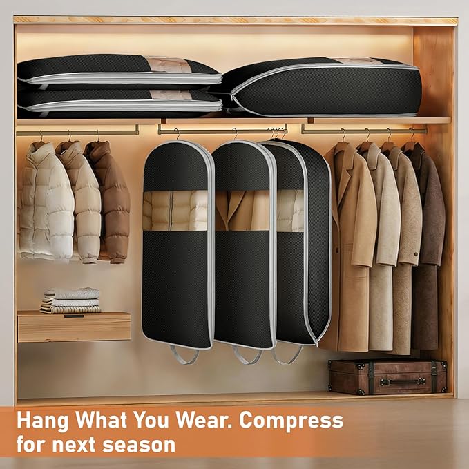 DIMJ Garment Bags for Hanging Clothes 10" Gusseted, Space Saving Compression Suit Bag Travel with Handles Window, Washable Carry Clothing Storage Cover for Dress, Coats, Jacket, Shirts,43" 2 Pack