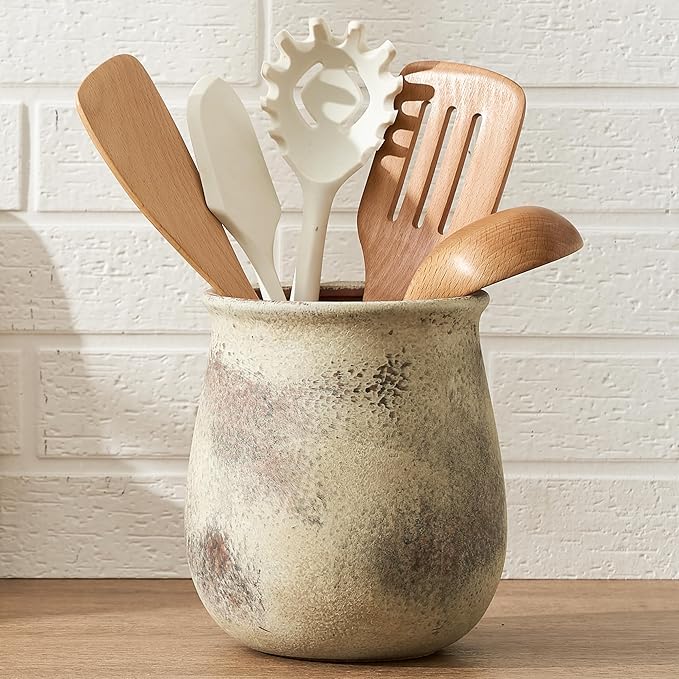 6.8"H Rustic Utensil Holder for Kitchen Counter, Modern Farmhouse Vintage Cooking Utensil Holder and Crock Home Kitchen Decor, Ceramic Utensil Organizer for Spatula, Ladle, Eggbeater, Rolling Pin