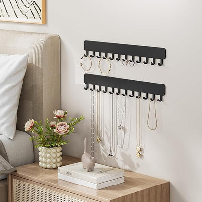 Wall-Mounted Jewelry Organizer, Self-Adhesive Hanging Holder with Hooks for Necklaces, Bracelets, Earrings - Display Storage for Women, 2PCS, Black
