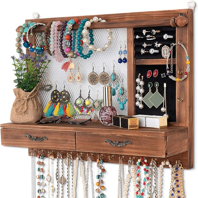 Jewelry Wall Organizer Wall Mounted, Jewelry Hanger Display Rack Earring with Drawers, for Earring/Stud/Ring/Necklace/Bracelets Accessories Bangles Holder Girls Gift (brown)