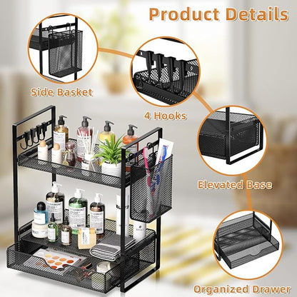 VITVITI 2 Tier Bathroom Organizer Countertop with Drawer, Metal Mesh Bathroom Counter Vanity Organizer Storage, Bath Room Sink Kitchen Spice Rack with Basket Hooks, Black
