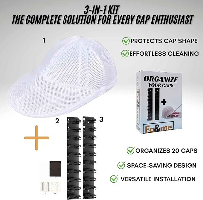 Fa&me Premium Kit: 1 Heavy-Duty Cap Washer with Protective Mesh for Washing Machine + 2 Wall Mount Hat Organizer Racks - Cap Storage and Cleaning (Black)