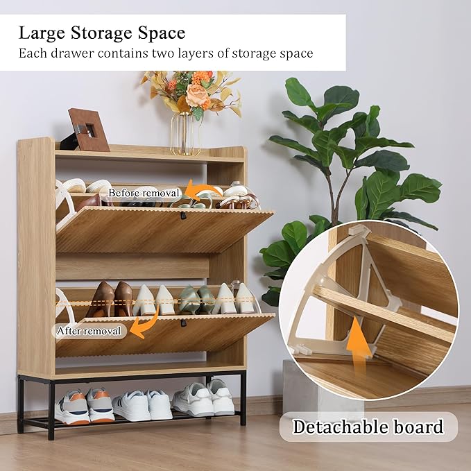RARZOE Fluted Shoe Cabinet for Entryway with 2 Flip Drawers, Narrow Wood Shoe Cabinet with Fluted Panel, Slim Hidden Shoe Organizer Closed Shoe Rack with Metal Legs for Foyer,Hallway(31.5''Natural)