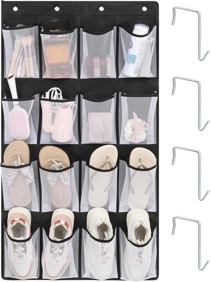 F-color 16-Pocket Hanging Organizer - Over the Door Shoe Organizer, Cruise Essentials for Cabin & RV, Breathable Mesh Storage Pockets, Space Saving Hanging Storage Holder with 4 Sturdy Metal Hooks