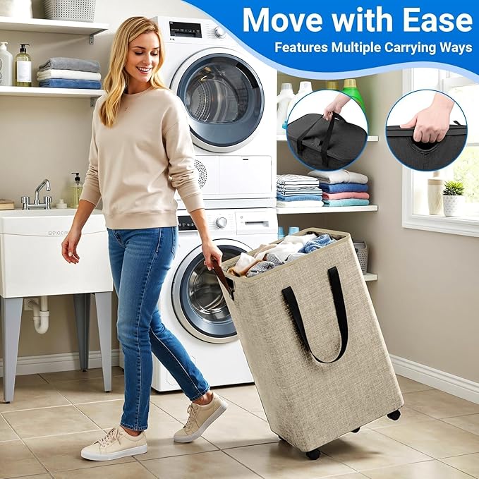 Laundry Basket with 5 Wheels, Tall Dirty Laundry Hamper, Rolling Laundry Basket with Lid, Collapsible Clothes Hamper for Bathroom Bedroom Dorm Laundry Room, Khaki, 75L