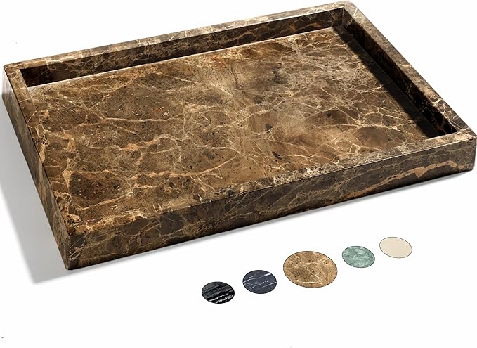 YMXYJM Real Natural Marble Tray for Bathroom, Genuine Marble Stone Vanity Tray, Luxury Storage Trays for Kitchen, Vanity, Home Decor, Dresser, Non-Resin/Non-Ceramic, 12"x 8"x 1.2", Dark Brown