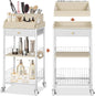 Makeup Organizer Cart with Removable Cosmetic Display Case, Large Makeup Cart with Drawer and 4 SS Tool Cups, 2-in-1 Vanity Organizer for Skincare Perfume Nail Polish Brush, White & Natural