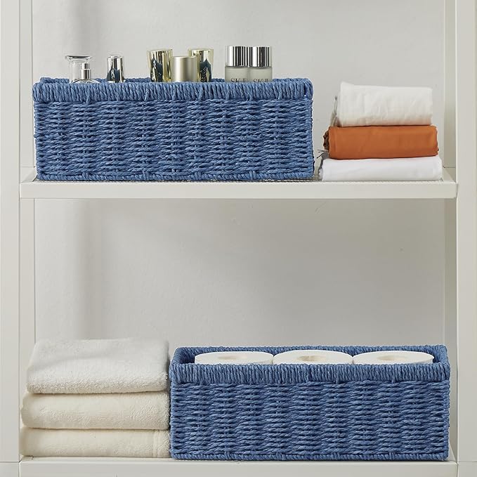 Vagusicc Wicker Storage Basket, Paper Rope Wicker Baskets with Handles, Toilet Paper Basket for Toilet Tank Top, Small Wicke Baskets for Organizing Shelves, 2-Pack, Blue