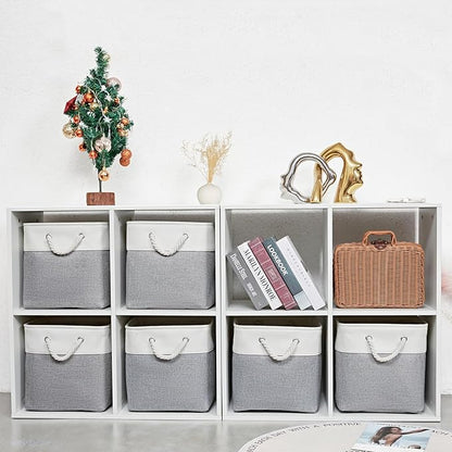 MidmmVick 12 x 12 Inch Cube Storage Bins, 6 Pack Large Collapsible Fabric Storage Bin with Ropes, Foldable Storage Cubes for Home, Office,Closet, Clothes, Toys Organizer (White & Grey)