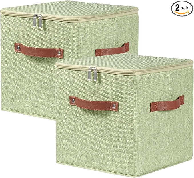 2PCS Storage Cubes with Lid Fabric Storage Bins Boxes PU Leather Handles Cotton Linen Closet Organizer Container Decorative Foldable Washable Shelf Cloth Basket (Zipper Lid, Green, 11in)