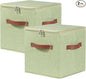 2PCS Storage Cubes with Lid Fabric Storage Bins Boxes PU Leather Handles Cotton Linen Closet Organizer Container Decorative Foldable Washable Shelf Cloth Basket (Zipper Lid, Green, 11in)