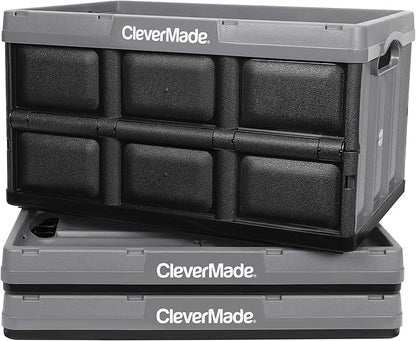 CleverMade Collapsible Storage Bins 62L (3-Pack) – Heavy Duty Collapsible Plastic Storage Bins, Large Stackable Folding Storage Bins for Garage, Car, Grocery & Home Organization - Stone