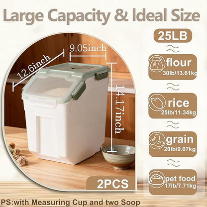RUIAN Large Airtight Storage Container, 25lb Flour Rice Storage Containers Bin with Wheels Seal Locking Lid, with Measuring Cup&Scoop for Flour, Rice, Grain (Green, 2PCS)