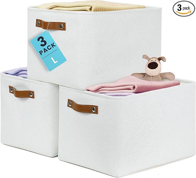 OrganiHaus 15x11in Canvas Storage Baskets 3 Pack | LARGE Fabric Bins for Shelves | Closet & Bedroom Storage | Full Off-White
