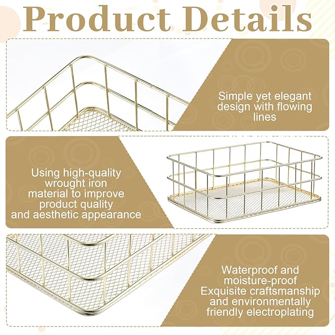 Gold Wire Basket, 6.8x4.8 Inch Gold Small Metal Basket, Versatile Mesh Storage Bin for Home Organization | Decorative Gold Shelf Basket for Home, Desk & Cosmetic Stationery