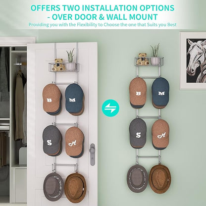 HapiRm Over Door Hat Rack - Wall Mounted Hat Organizer with 6 Hooks and Metal Basket Design, Baseball Cap Organizer Storage Holder Up to 32 Caps for Door, Bedroom, Closet (Sliver)