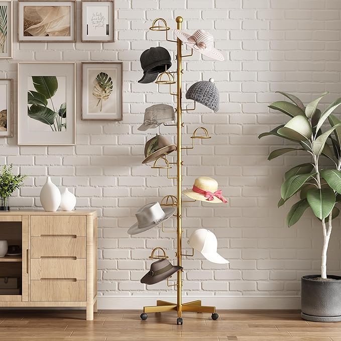 Hat Rack with 15 Circular Hooks Floor Hat Stand Freestanding Hats Rack Stand Adjustable Metal Hats Tree Organizer Rack Display Standing Suitable for Home Store Commercial, Gold