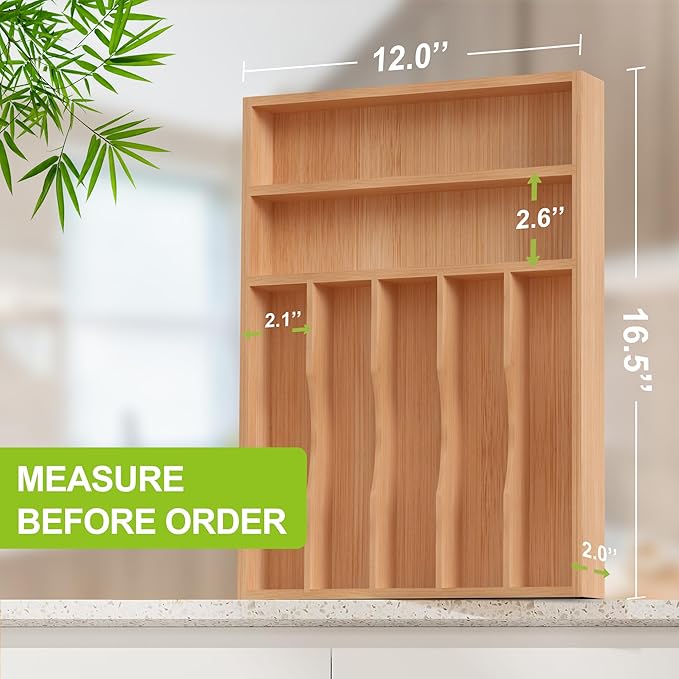 Unibambou Bamboo Utensil Drawer Organizer, Silverware Tray Organizer, Kitchen Drawer Organizer for Flatware Cutlery, Silverware Tray for Drawer (Natural, Large 16.5x12 Inch)