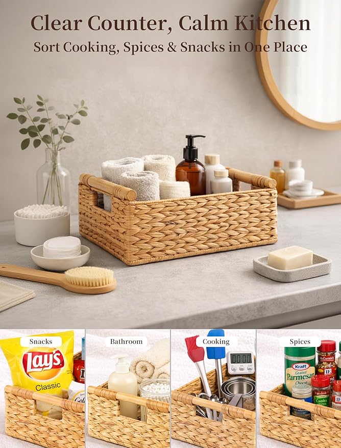 Water Hyacinth Wicker Basket, 15.43*11.02*6.3 Inch Woven Basket with Handles, Wooden Handles Wicker Storage Basket, Rattan Basket for Decorative Baskets, Pantry, Shelves, Gift, Toys - Large