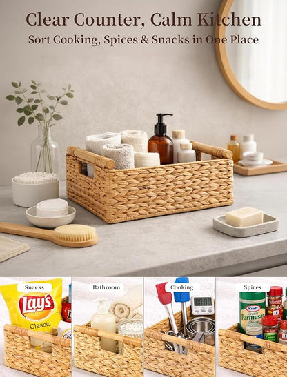 Water Hyacinth Wicker Basket, 15.43*11.02*6.3 Inch Woven Basket with Handles, Wooden Handles Wicker Storage Basket, Rattan Basket for Decorative Baskets, Pantry, Shelves, Gift, Toys - Large