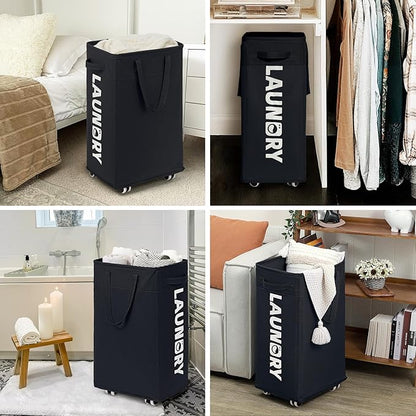 Goodpick Laundry Basket with Wheels, 2-Pack 75L Rolling Laundry Hamper with Removable Wash Bags, Collapsible Laundry Basket for Corner Dorm, Black
