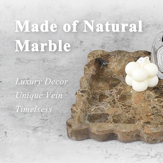Square Marble Vanity Tray with Scalloped Edge - Natural Marble Perfume Tray Decor for Dresser, Vanity, Kitchen, Home Decor, Decorative Square Stone Tray - Brown 8 * 8 inch