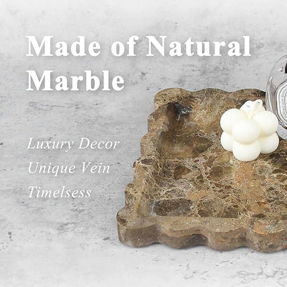 Square Marble Vanity Tray with Scalloped Edge - Natural Marble Perfume Tray Decor for Dresser, Vanity, Kitchen, Home Decor, Decorative Square Stone Tray - Brown 8 * 8 inch