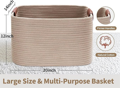 Large Cotton Rope Storage Basket with Leather Handles, Laundry Hamper Basket, 20 "L x 14" W x 12 "H, Durable & Stylish Organizer for Home.(Large Khaki)