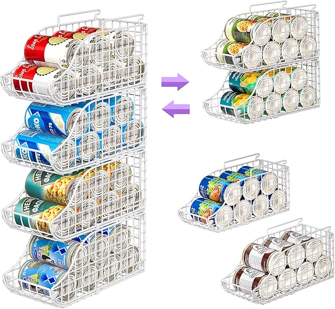 Can Storage Organizer Pantry, Stackable Kitchen Canned Food Holder With Handles, Can Organizer For Pantry Countertop Cabinet, Beverage Drink Pop Soda Can Dispenser Patent Pending (White, 4 Pack)