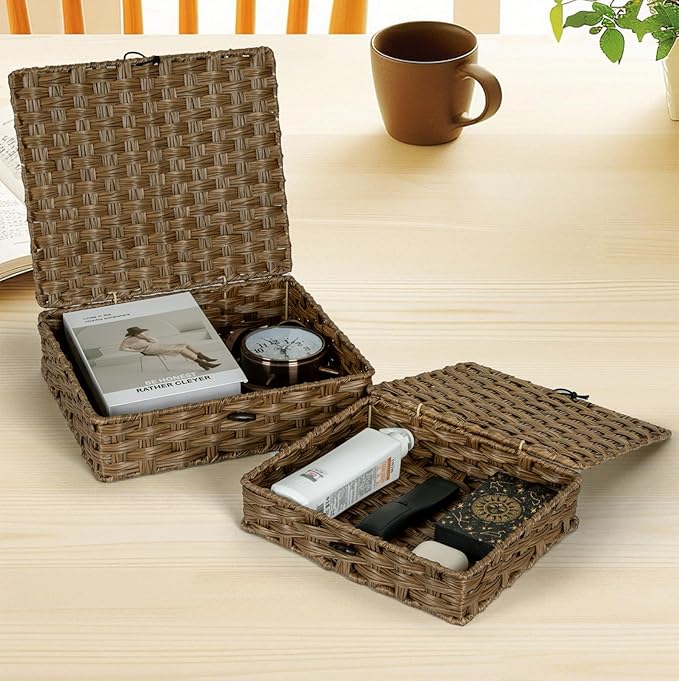 Plastic Wicker Storage Baskets with Lids, 2-Pack Woven Rattan Organizer Bins with Locking Button, Decorative Flat Storage Boxes, 11"x9.25"x2.75" & 13"x11.2"x3.5", Brown