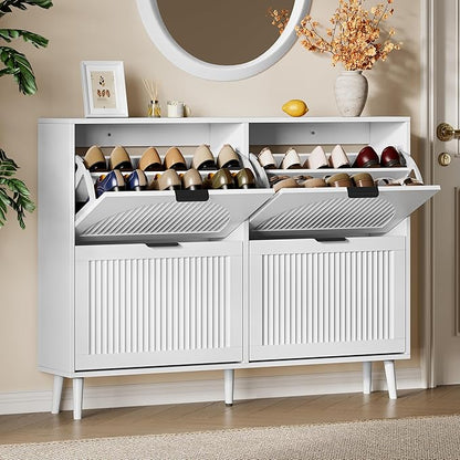Xixini Shoe Storage Cabinet with 4 Flip Drawers, 36" Tall Narrow Wood Fluted Shoe Organizer for Entryway, Freestanding Wooden Hidden Slim Shoe Rack for Front Door Entrance, Hallway, Foyer, Solid White