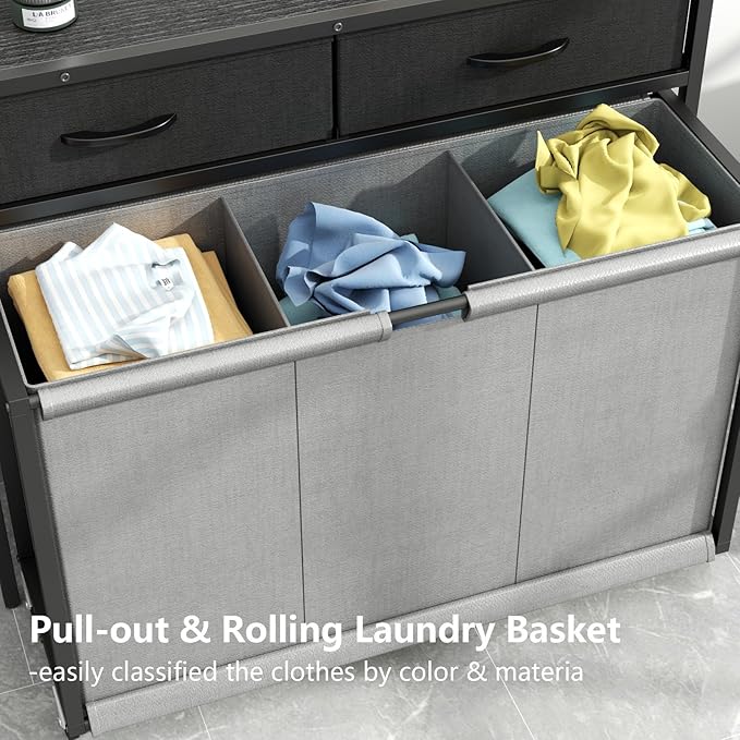 STIKELY Laundry Hamper Laundry Basket with 3 Section Pull-Out Rolling Bags, Laundry Sorter for Organization and Storage with 2 Pull-Out Drawers for Laundry Room, Bathroom, Bedroom Use (Black)