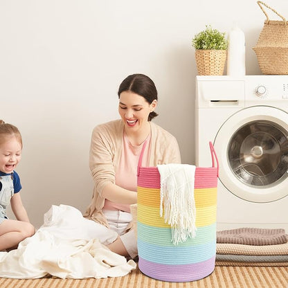 Woven Cotton Rope Laundry basket-15”X20” Laundry Hamper-Rope Storage Basket for Dirty Clothes, Toys and Blankets Perfect for Bathroom, Baby nursery and Living Room Storage (rainbow)