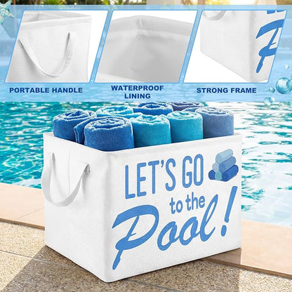 Yungyan Let's Go to The Pool Towel Storage Basket Bin and Organizer Large Pool Towel Storage Basket Waterproof Canvas Cube with Handle Beach Gift for Outdoor Summer Seaside Home Clothes Book Toy