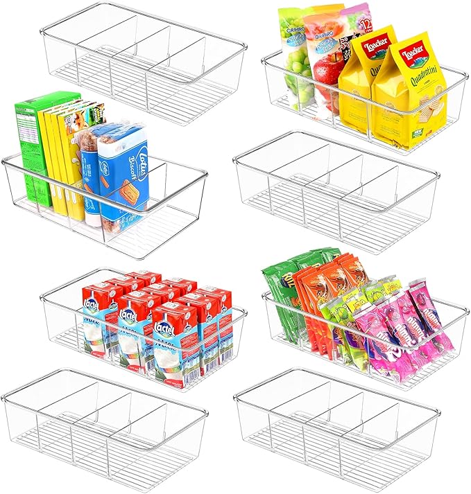 ZIZOTI Snack Organizer for Pantry Shelf, 8 Pack Clear Plastic Pantry Storage Bins with 3 Dividers for Snacks, Spices, Chips Food Organizer, Stackable Pantry Organizers for Kitchen, Fridge, Cabinet