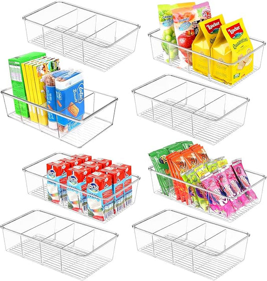 ZIZOTI Snack Organizer for Pantry Shelf, 8 Pack Clear Plastic Pantry Storage Bins with 3 Dividers for Snacks, Spices, Chips Food Organizer, Stackable Pantry Organizers for Kitchen, Fridge, Cabinet