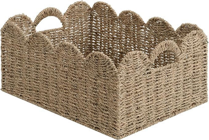 StorageWorks Scalloped Seagrass Baskets, Hand-woven Rattan Baskets with Built-in Handles, Cute Baby Basket for Nursery, Basket for Organizing and Decor, 16½"L x 13"W x 7½"H