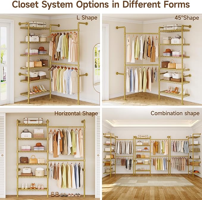 L2 Wall Mounted Closet System, Industrial Pipe Clothing Rack Clothes Racks with 2 Telescopic Rod & 6 Shelves, Heavy Duty Closet Organizers System in Wardrobe Closet, Gold
