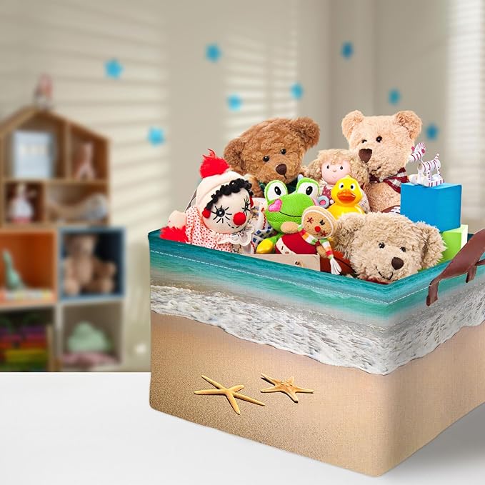 Beach Starfish Storage Basket Waterproof Canvas Toy Storage Bin Beach Room Decor Collapsible Outdoor Basket with Leather Handles Beach Decor Blanket Baskets For Closets,Bedrooms,Gifts Baskets